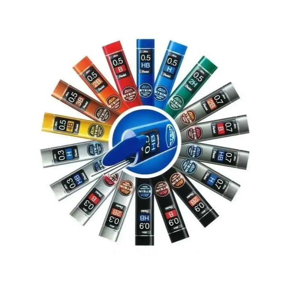 Pentel Ain Stein Leads for Mechanical Pencils in various sizes displayed in a circular arrangement.