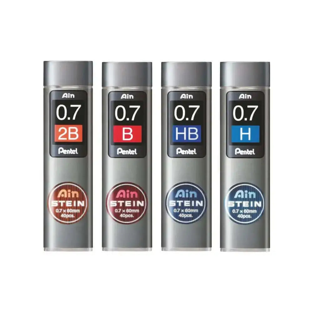 Pentel Ain Stein Leads for Mechanical Pencils in various grades displayed in compact tubes.