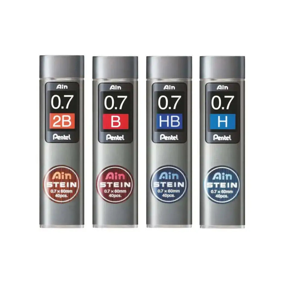 Pentel Ain Stein Leads for Mechanical Pencils in various grades displayed in compact tubes.