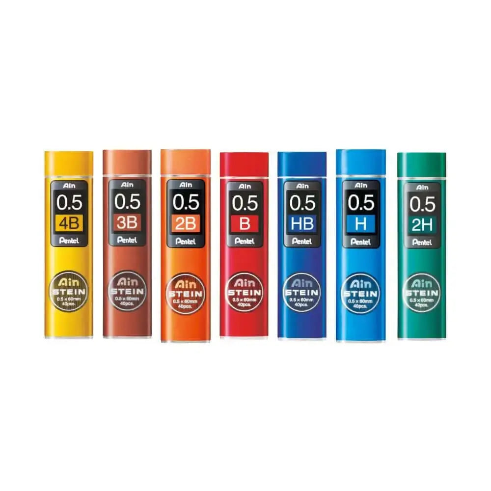 Pentel Ain Stein Leads for Mechanical Pencils in assorted colors and grades displayed in compact tubes.