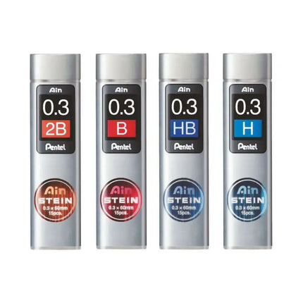 Pentel Ain Stein Leads for Mechanical Pencils in various hardness grades, including 2B, B, HB, and H.