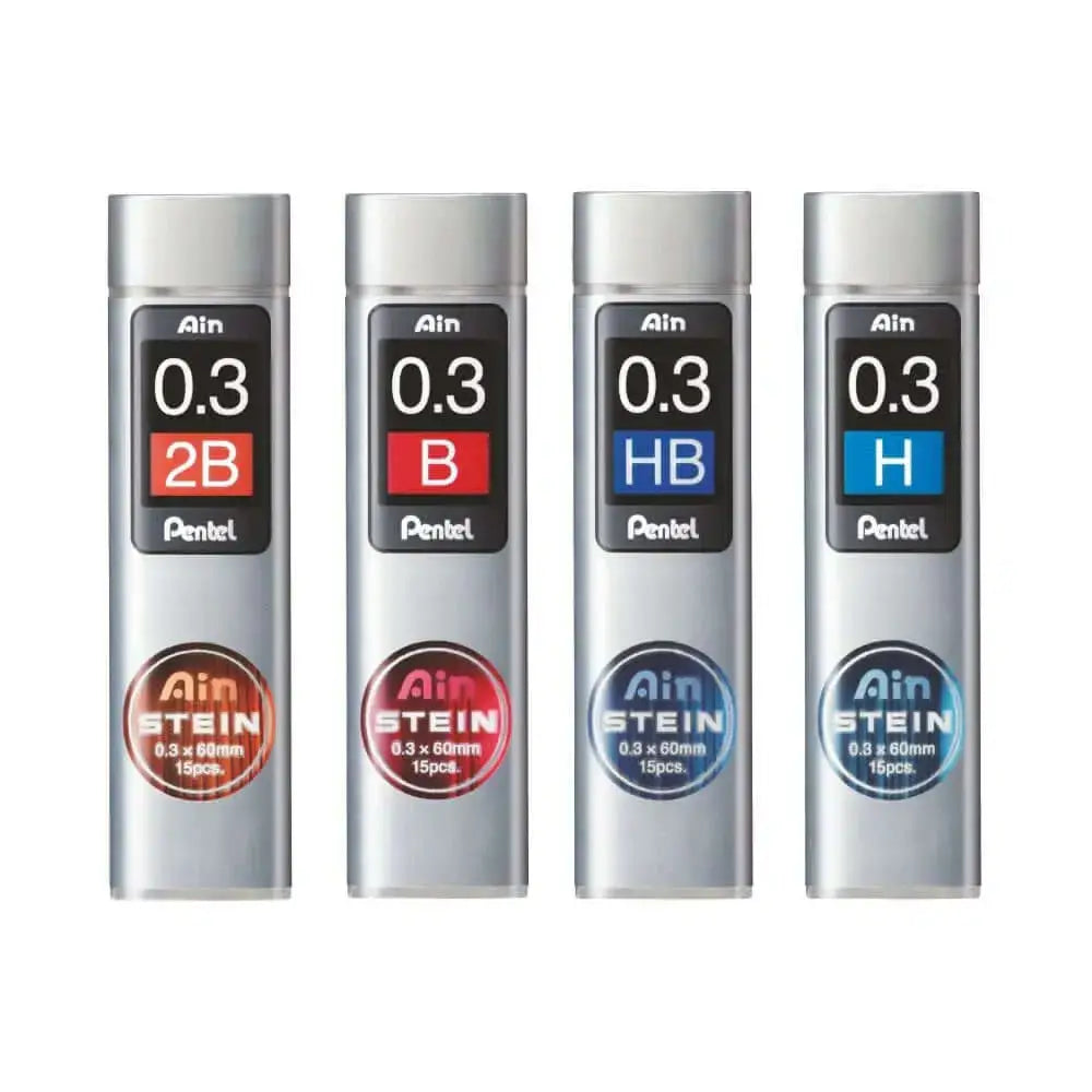 Pentel Ain Stein Leads for Mechanical Pencils in various hardness grades, including 2B, B, HB, and H.