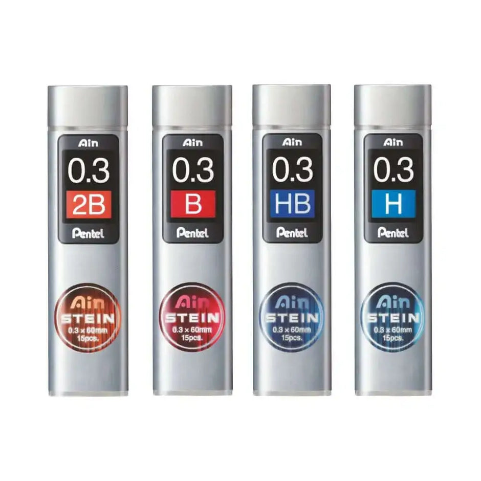 Pentel Ain Stein Leads for Mechanical Pencils in various hardness grades, including 2B, B, HB, and H.