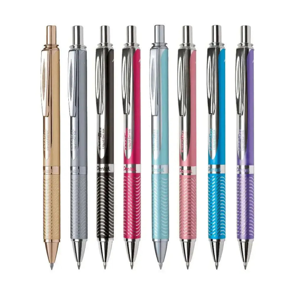 Pentel Energel BL407 Metal Roller Gel Pen in a variety of colors with elegant design and textured grip.