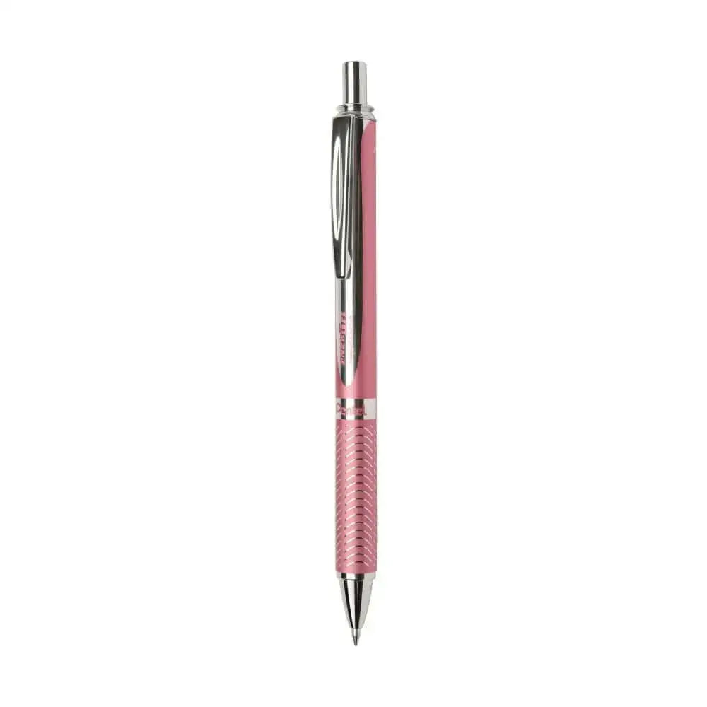 Pentel Energel BL407 Metal Roller Gel Pen in pink with a textured grip and chrome accents for professional writing.