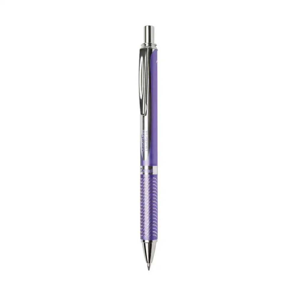 Pentel Energel BL407 Metal Roller Gel Pen in purple with textured grip and sleek aluminium barrel.