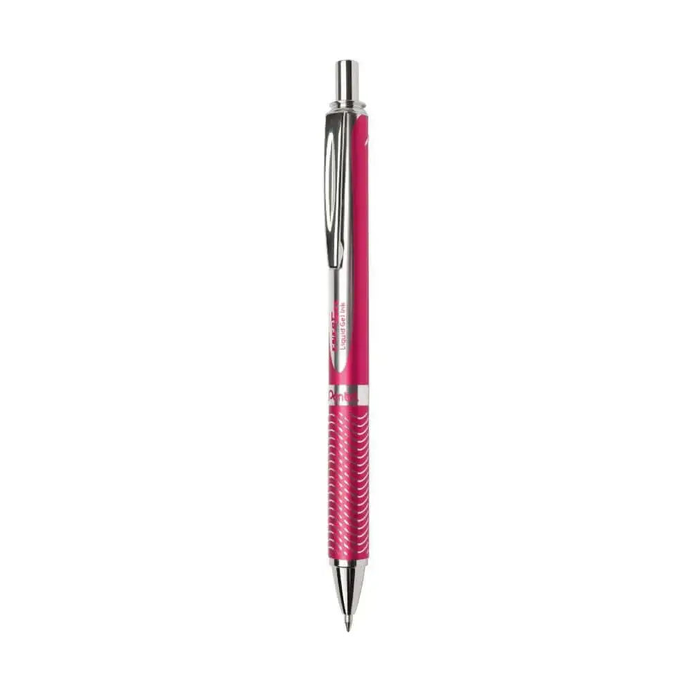 Pentel Energel BL407 Metal Roller Gel Pen in vibrant pink with chrome accents and textured grip.