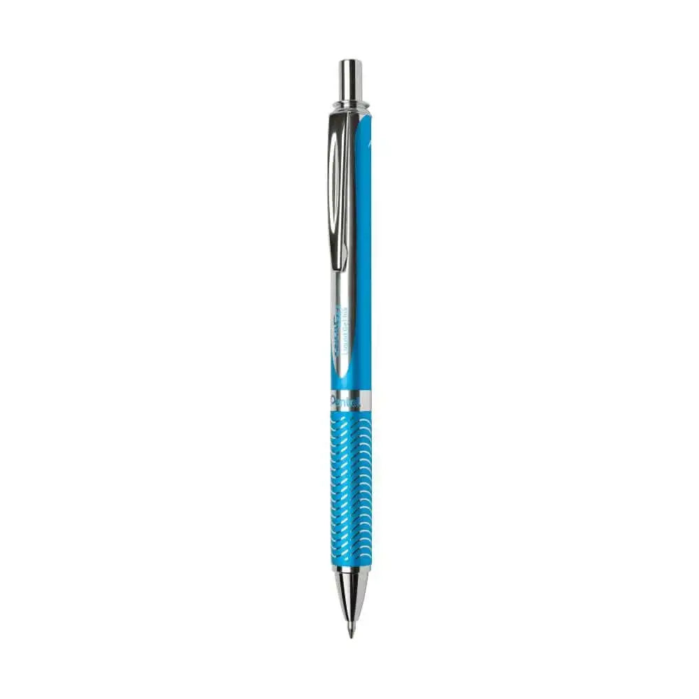 Pentel Energel BL407 Metal Roller Gel Pen in blue with a textured grip and chrome accents for a professional writing experience.