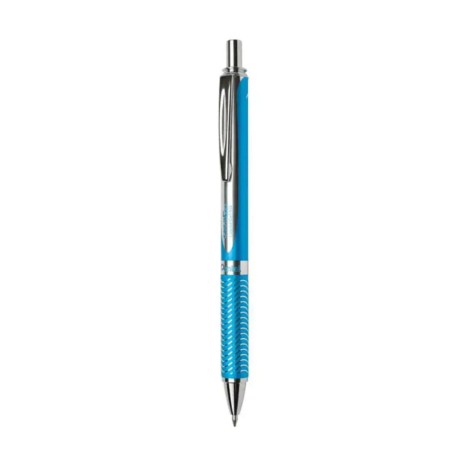 Pentel Energel BL407 Metal Roller Gel Pen in blue with a textured grip and chrome accents for a professional writing experience.