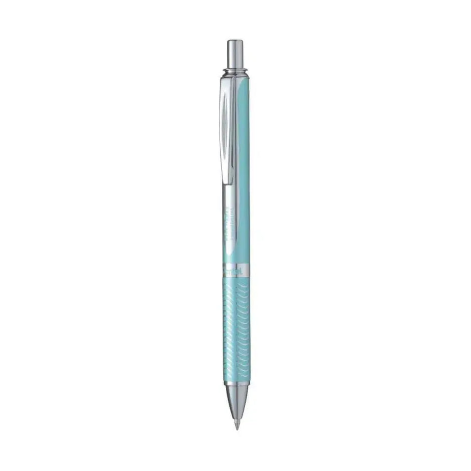 Pentel Energel BL407 Metal Roller Gel Pen in turquoise with a sleek design and textured grip.