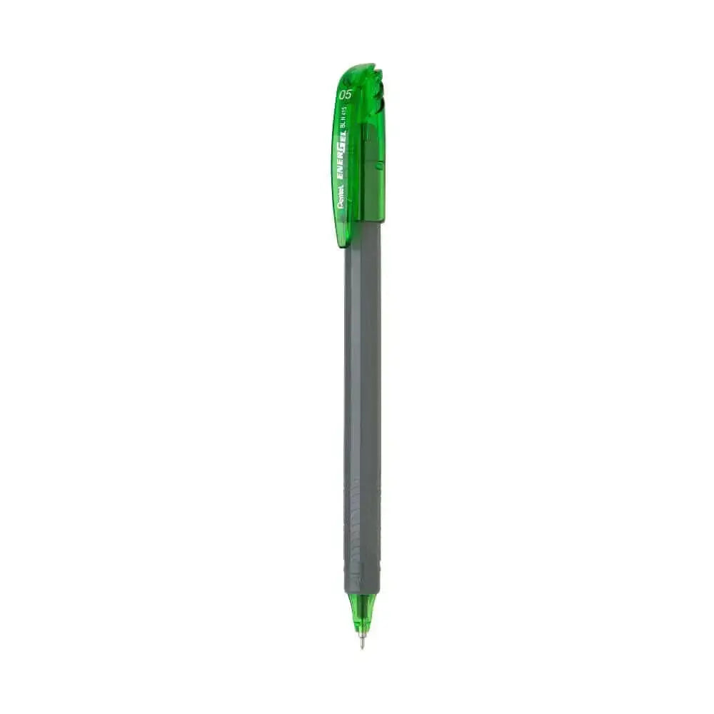 Pentel Energel Roller Gel Pen | Quick Dry Ink For Smudge-Free Writing with a sleek grey design and green accents.