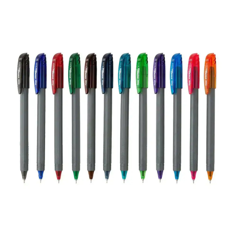 Pentel Energel Roller Gel Pen | Quick Dry Ink For Smudge-Free Writing in assorted colors arranged neatly.