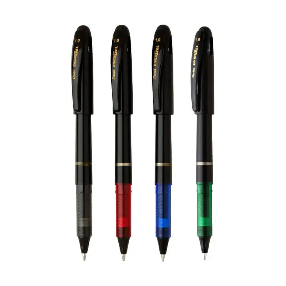 Pentel Energel Roller Gel Pen | Quick Dry Ink For Smudge-Free Writing - Set of four pens in black, red, blue, and green.