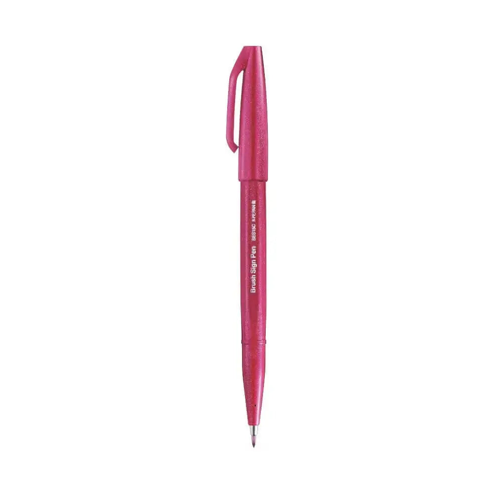 Pentel Flexible Tip Brush Sign Pen SES15C in vibrant pink color for dynamic illustrations and lettering.