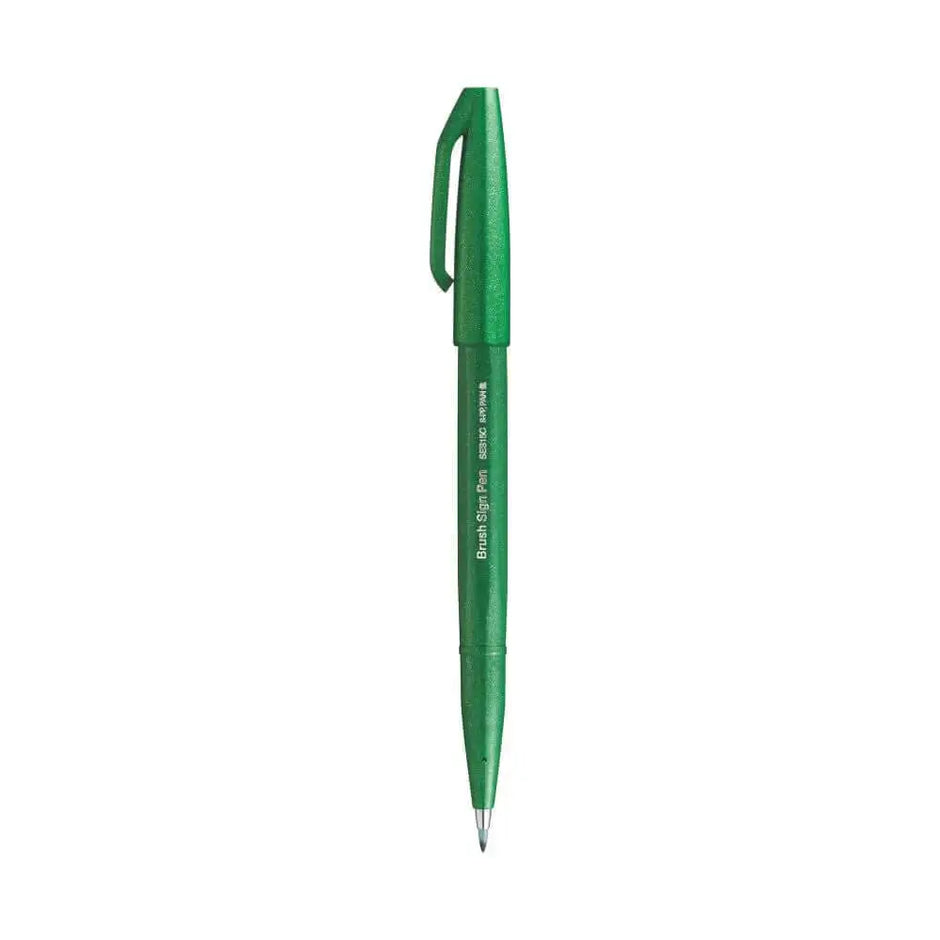 Pentel Flexible Tip Brush Sign Pen SES15C in vibrant green color showcasing its flexible tip design.