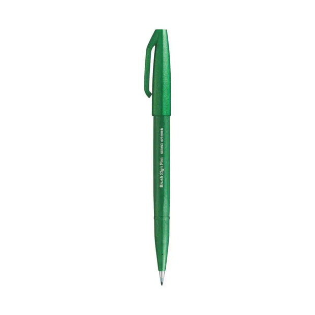 Pentel Flexible Tip Brush Sign Pen SES15C in vibrant green color showcasing its flexible tip design.