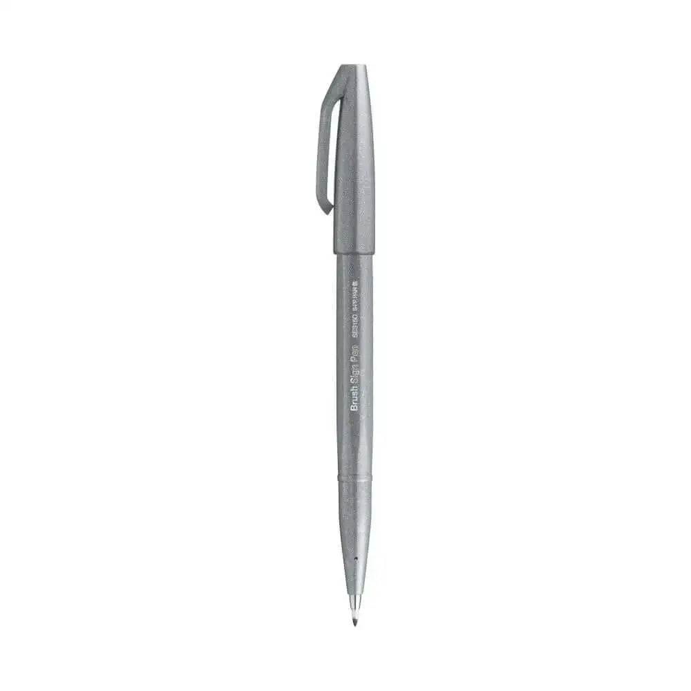 Pentel Flexible Tip Brush Sign Pen SES15C in silver color, perfect for illustrations and calligraphy projects.