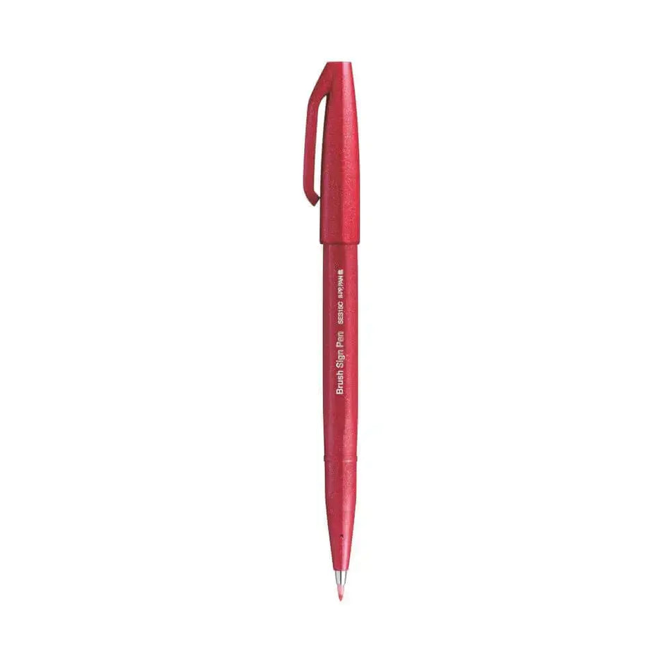 Pentel Flexible Tip Brush Sign Pen SES15C in vibrant red color with a sleek design for creative projects.