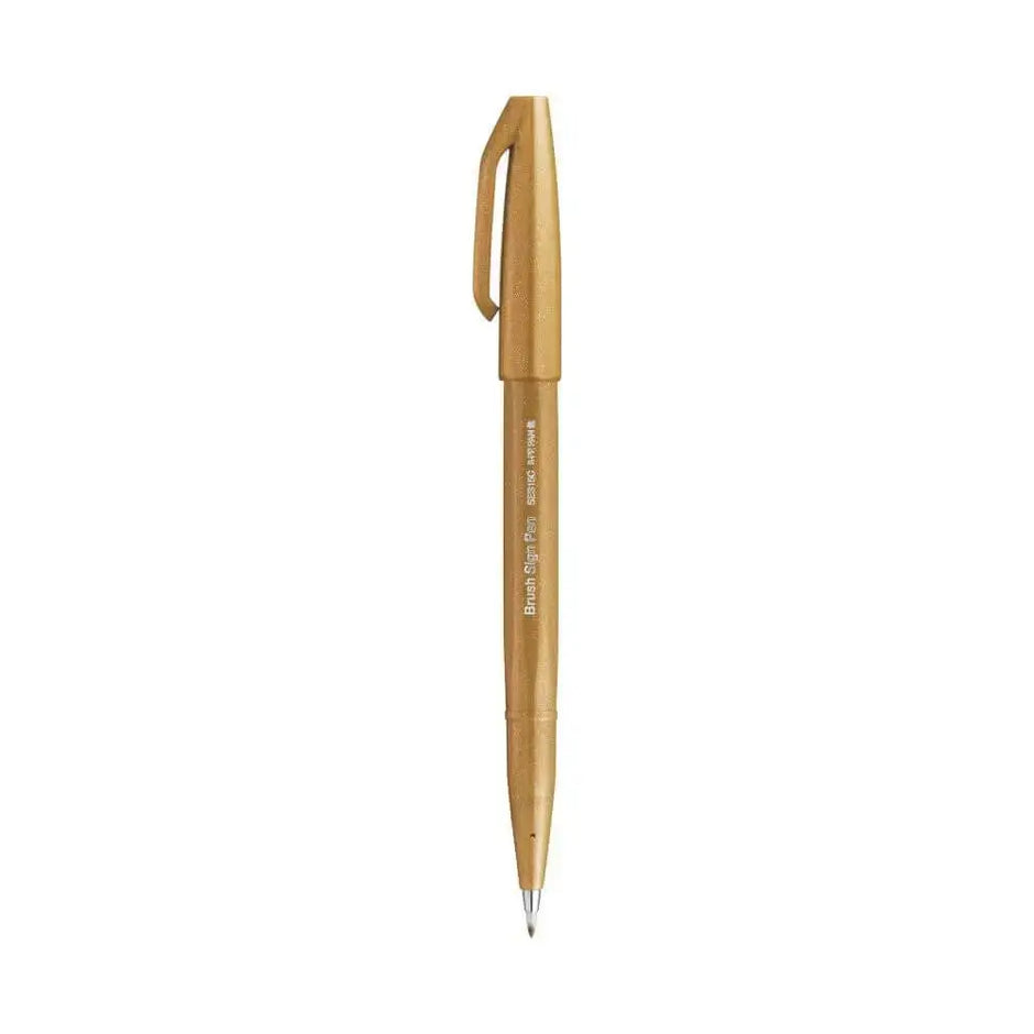 Pentel Flexible Tip Brush Sign Pen SES15C in a sleek gold design, ideal for illustrations and calligraphy.