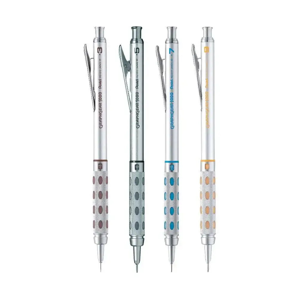Pentel GraphGear 1000 Mechanical Pencil set featuring various lead sizes and colors for precise drawing and writing.