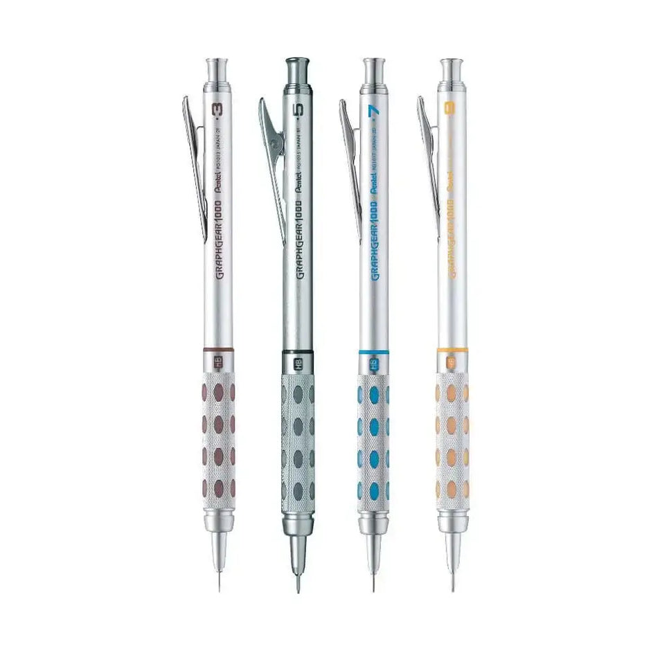 Pentel GraphGear 1000 Mechanical Pencil set featuring various lead sizes and colors for precise drawing and writing.