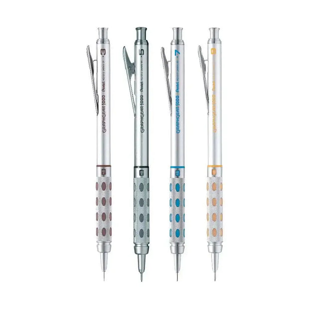 Pentel GraphGear 1000 Mechanical Pencil set featuring various lead sizes and colors for precise drawing and writing.