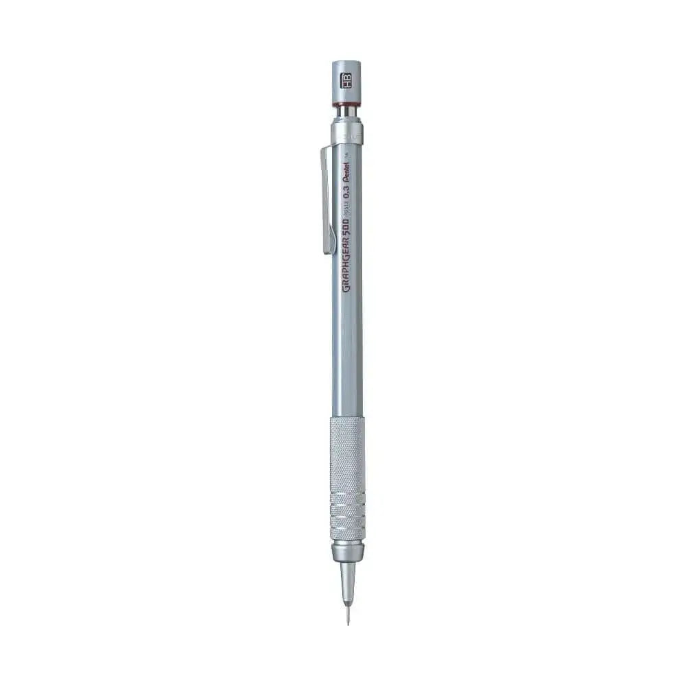 Pentel GraphGear 500 Mechanical Pencil featuring a metal grip and adjustable lead degree indicator.