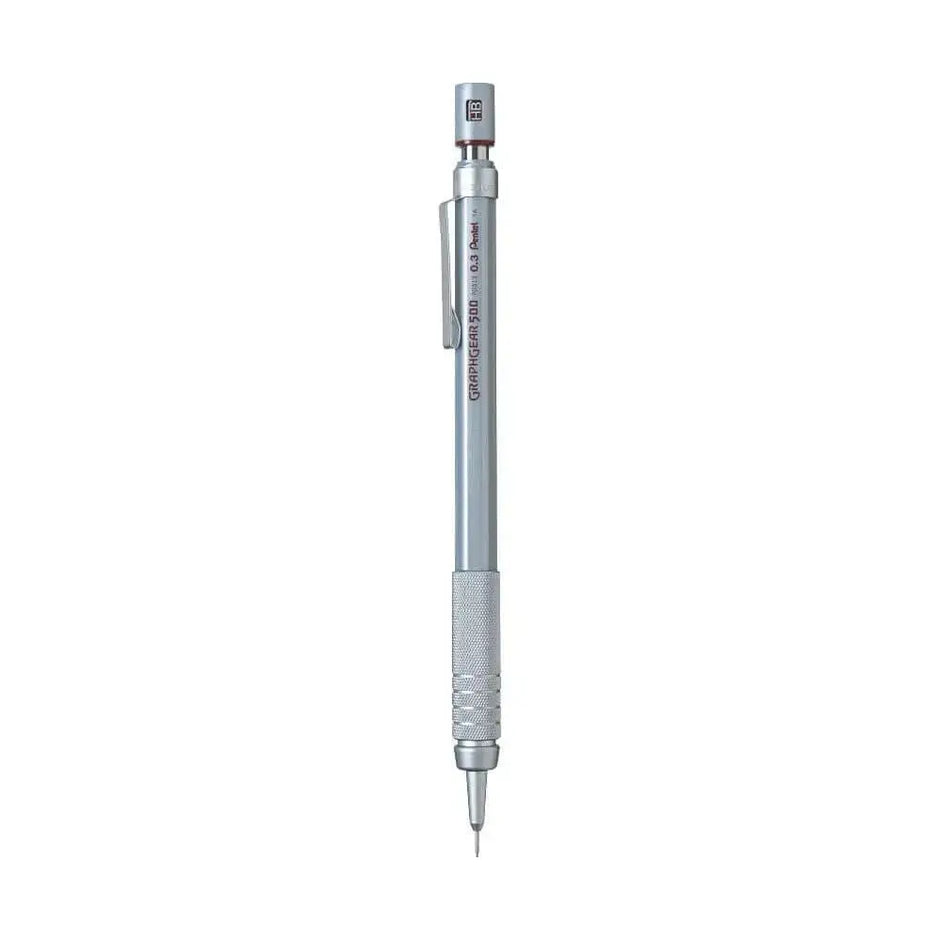 Pentel GraphGear 500 Mechanical Pencil featuring a metal grip and adjustable lead degree indicator.