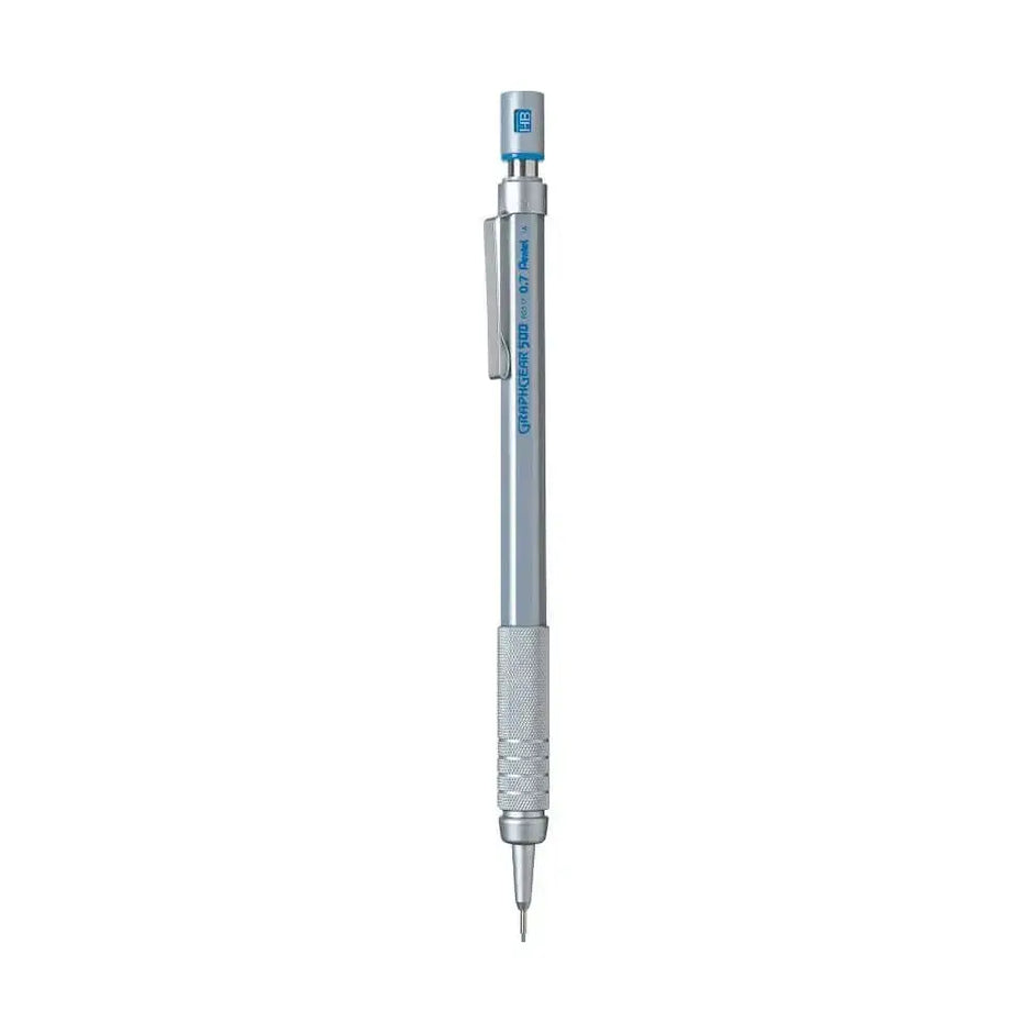 Pentel GraphGear 500 Mechanical Pencil with metal grip and adjustable lead degree indicator.