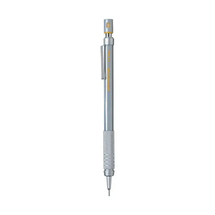 Pentel GraphGear 500 Mechanical Pencil in silver with metal grip and adjustable lead degree indicator.