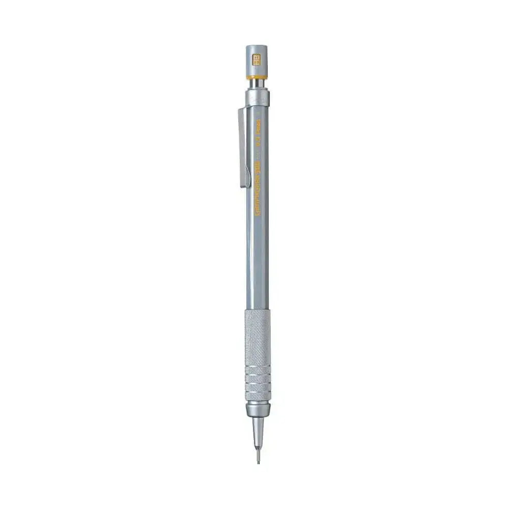 Pentel GraphGear 500 Mechanical Pencil in silver with metal grip and adjustable lead degree indicator.