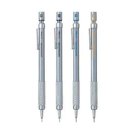 Four Pentel GraphGear 500 Mechanical Pencils showcasing different lead sizes and stylish silver design.