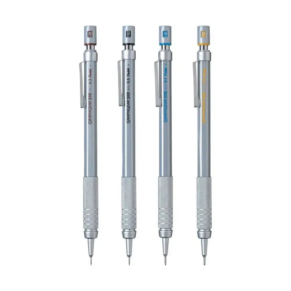 Four Pentel GraphGear 500 Mechanical Pencils showcasing different lead sizes and stylish silver design.