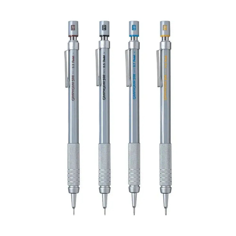 Four Pentel GraphGear 500 Mechanical Pencils showcasing different lead sizes and stylish silver design.