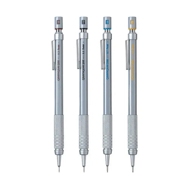 Four Pentel GraphGear 500 Mechanical Pencils showcasing different lead sizes and stylish silver design.
