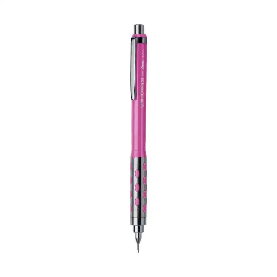 Pentel GraphGear 800 Mechanical Pencil in pink with metal grip and latex-free pads for comfort.
