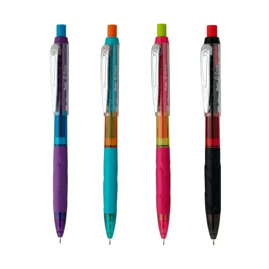 Pentel Q-Erase Mechanical Pencil in four vibrant colors including purple, blue, pink, and black.