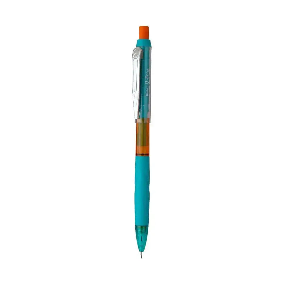 Pentel Q-Erase Mechanical Pencil in vibrant turquoise color with an orange top and clear barrel for precise writing.