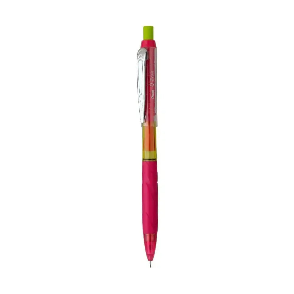 Pentel Q-Erase Mechanical Pencil in vibrant colors with a ribbed grip and double-click eraser mechanism.
