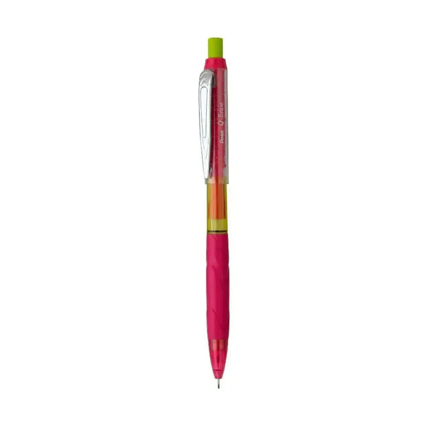 Pentel Q-Erase Mechanical Pencil in vibrant colors with a ribbed grip and double-click eraser mechanism.