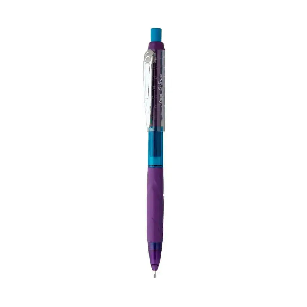 Pentel Q-Erase Mechanical Pencil with purple and blue design, featuring a comfortable grip and twist-erase mechanism.