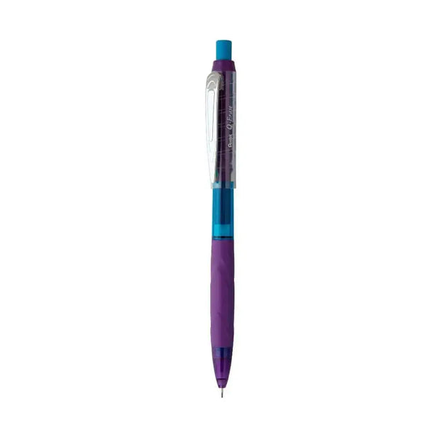 Pentel Q-Erase Mechanical Pencil with purple and blue design, featuring a comfortable grip and twist-erase mechanism.