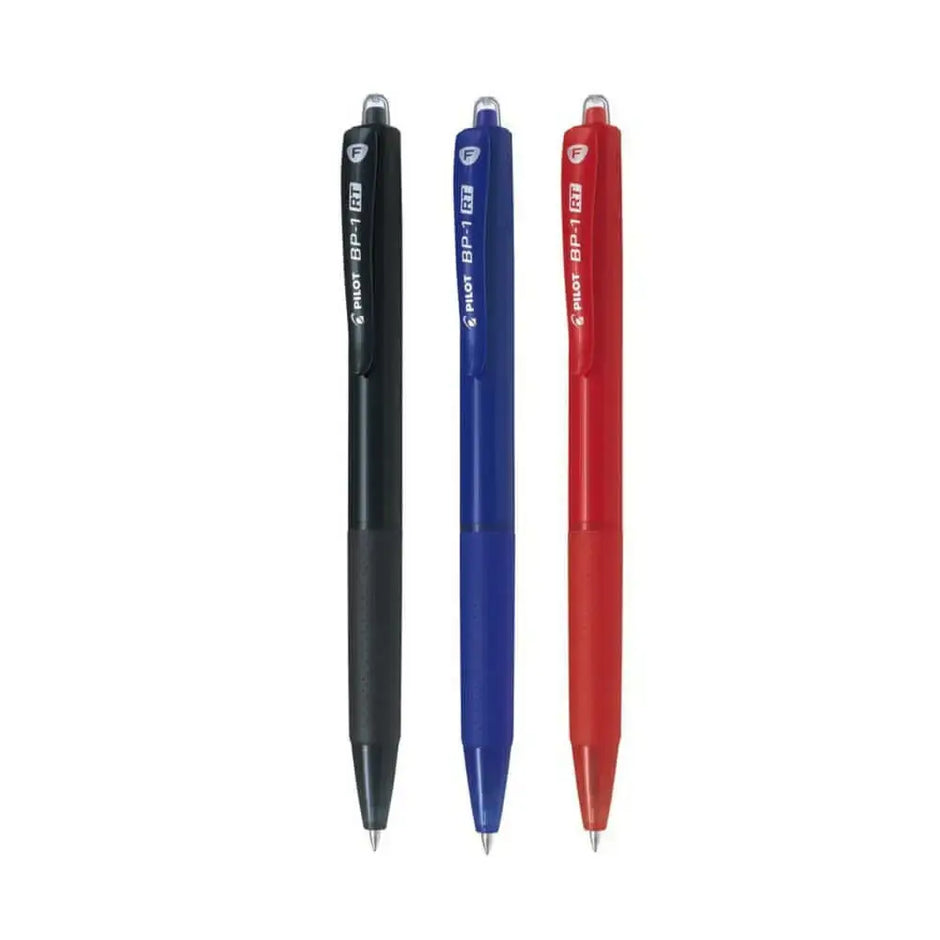Pilot BP-1 RT 0.7mm Fine Tip Ball Pen with Soft Rubber Grip in black, blue, and red colors.