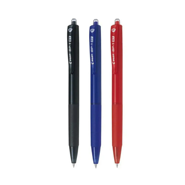 Pilot BP-1 RT 0.7mm Fine Tip Ball Pen with Soft Rubber Grip in black, blue, and red colors.