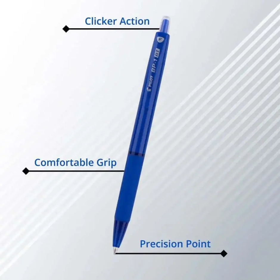 Pilot BP-1 RT 0.7mm Fine Tip Ball Pen with Soft Rubber Grip shown with clicker action and comfortable grip features.