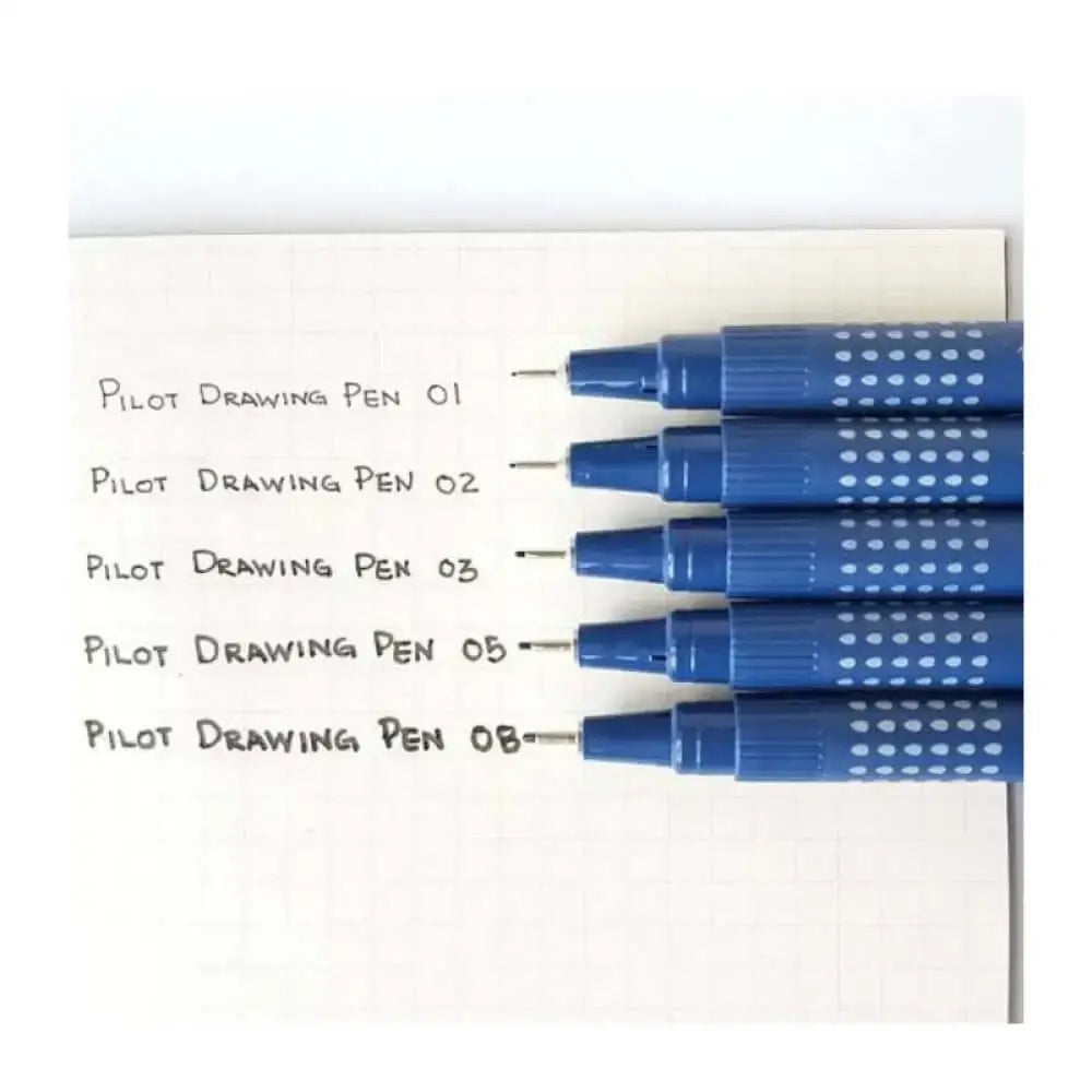 Pilot Drawing Pen Set of 5 displayed with different point sizes on a notepad, showcasing their vibrant ink.