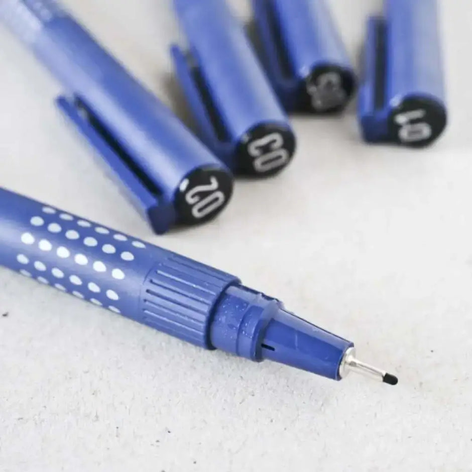 Close-up of the Pilot Drawing Pen Set of 5 showcasing pens with tips and sizes for precise drawing.