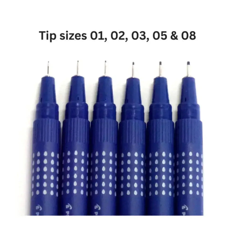 Pilot Drawing Pen Set of 5 showing tip sizes 01, 02, 03, 05 & 08 for detailed sketching and design.