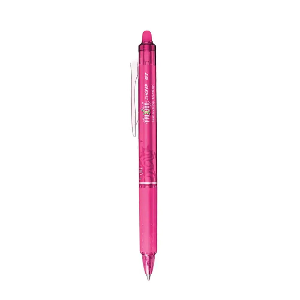 Pilot Frixion Clicker 0.7mm Fine Point Roller Ball Pen with Comfortable Dimpled Grip & Inbuild Eraser in pink color.