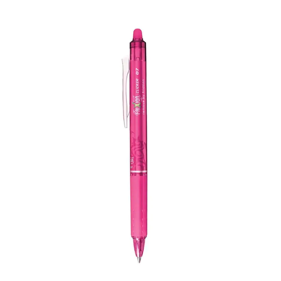Pilot Frixion Clicker 0.7mm Fine Point Roller Ball Pen with Comfortable Dimpled Grip & Inbuild Eraser in pink color.